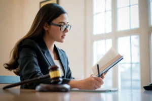 Female Attorney In Glass Reading Book At Desk