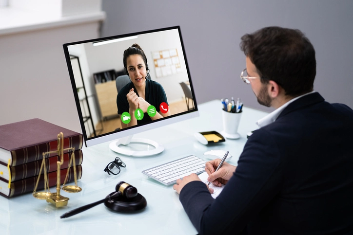 Male Lawyer Videoconferencing With Client At Desk