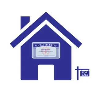 Blue Home Cartoon With For Sale Sign In Front Of House With Social Security Card In Front