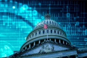 The Capitol Building Of The USA In Front Of A Cyber Blue Backdrop