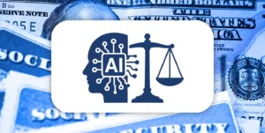 Illustration of artificial intelligence and law: a human head silhouette with AI circuitry connected to a justice scale, overlaid on U.S. currency and Social Security cards background