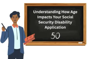 Illustration of a teacher pointing to a chalkboard that reads “Understanding How Age Impacts Your Social Security Disability Application – 50,” representing Social Security Disability rules after age 50