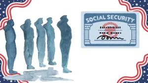 Watercolor Silhouettes Of Veterans Standing Next To A Social Security Card Graphic With American Flag Decals In Corners
