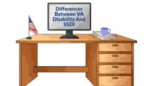 Differences between VA Disability and SSDI benefits on desktop screen on plain desk simple graphic