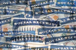 U.S. Capitol building overlaid with Social Security cards and hundred-dollar bills, representing federal Social Security benefits and funding.