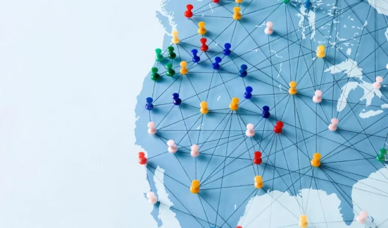 Map of the United States with connected push pins, showing SSDI rules apply across every state