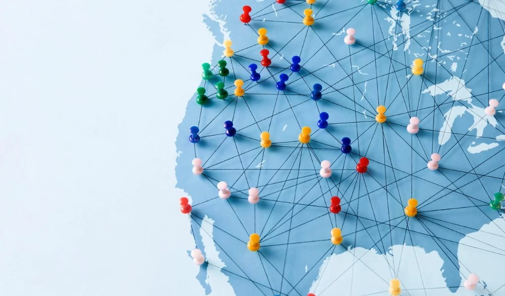 Map of the United States with connected push pins, showing SSDI rules apply across every state
