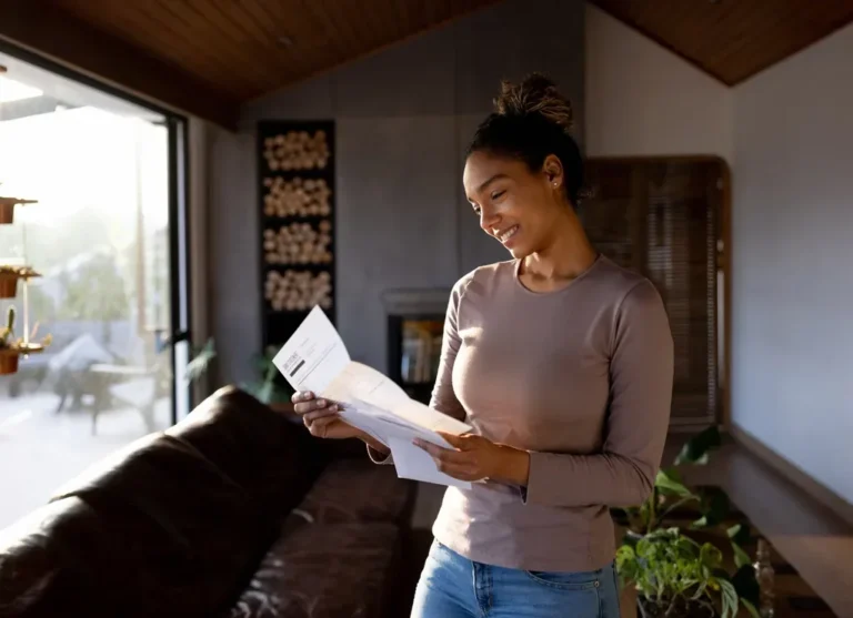 Woman standing in her living room smiling as she reads a Social Security benefits letter